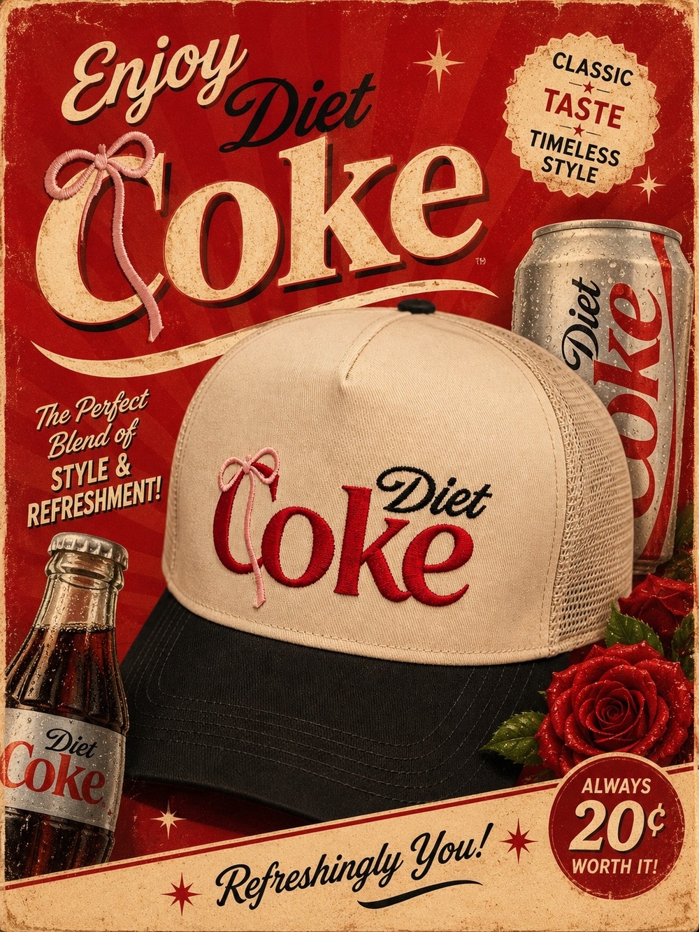 Cream and Black Diet CokeTrucker Hat - Logo